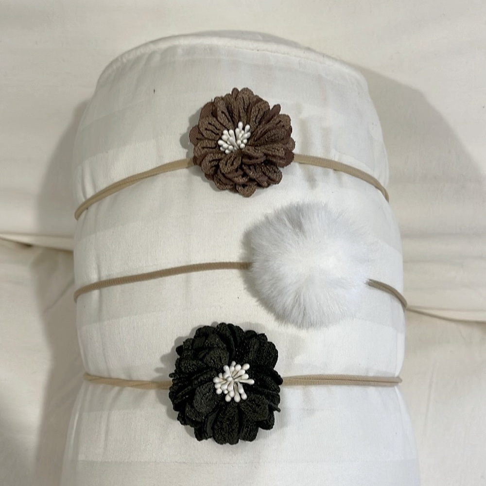SET OF 3 NEUTRAL TONE FLOWERS AND WHITE FAUX FUR PUFF HEADBANDS